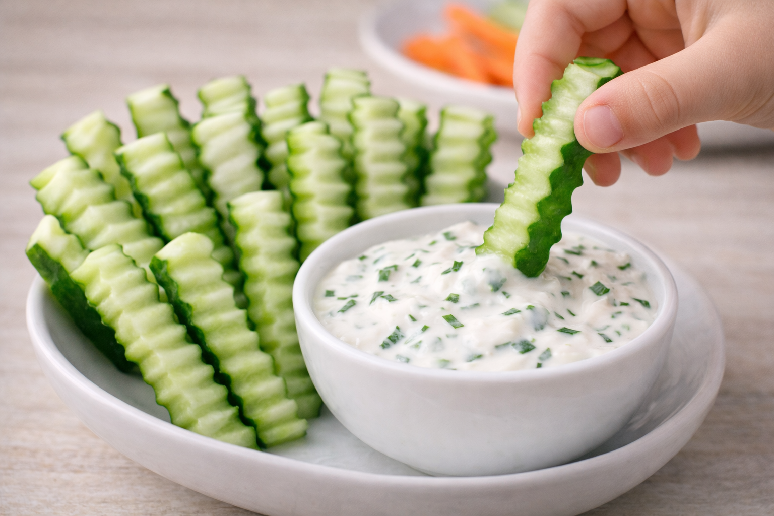 Gurkensticks und Gemüse mit Dip als Snack für Kinder
