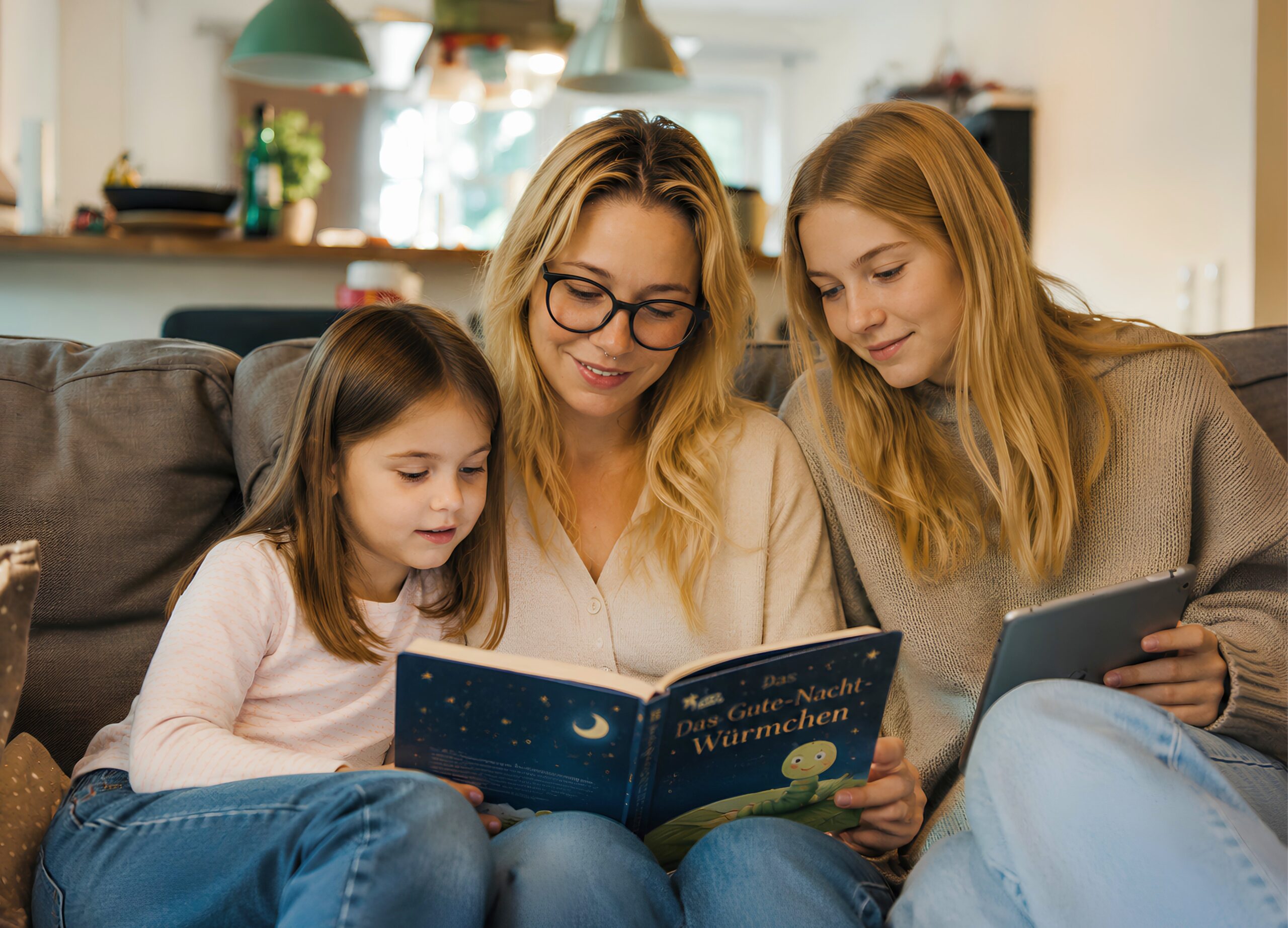 Mutter sitzt mit zwei Töchtern unterschiedlichen Alters auf dem Sofa, alle schauen gemeinsam in ein Buch