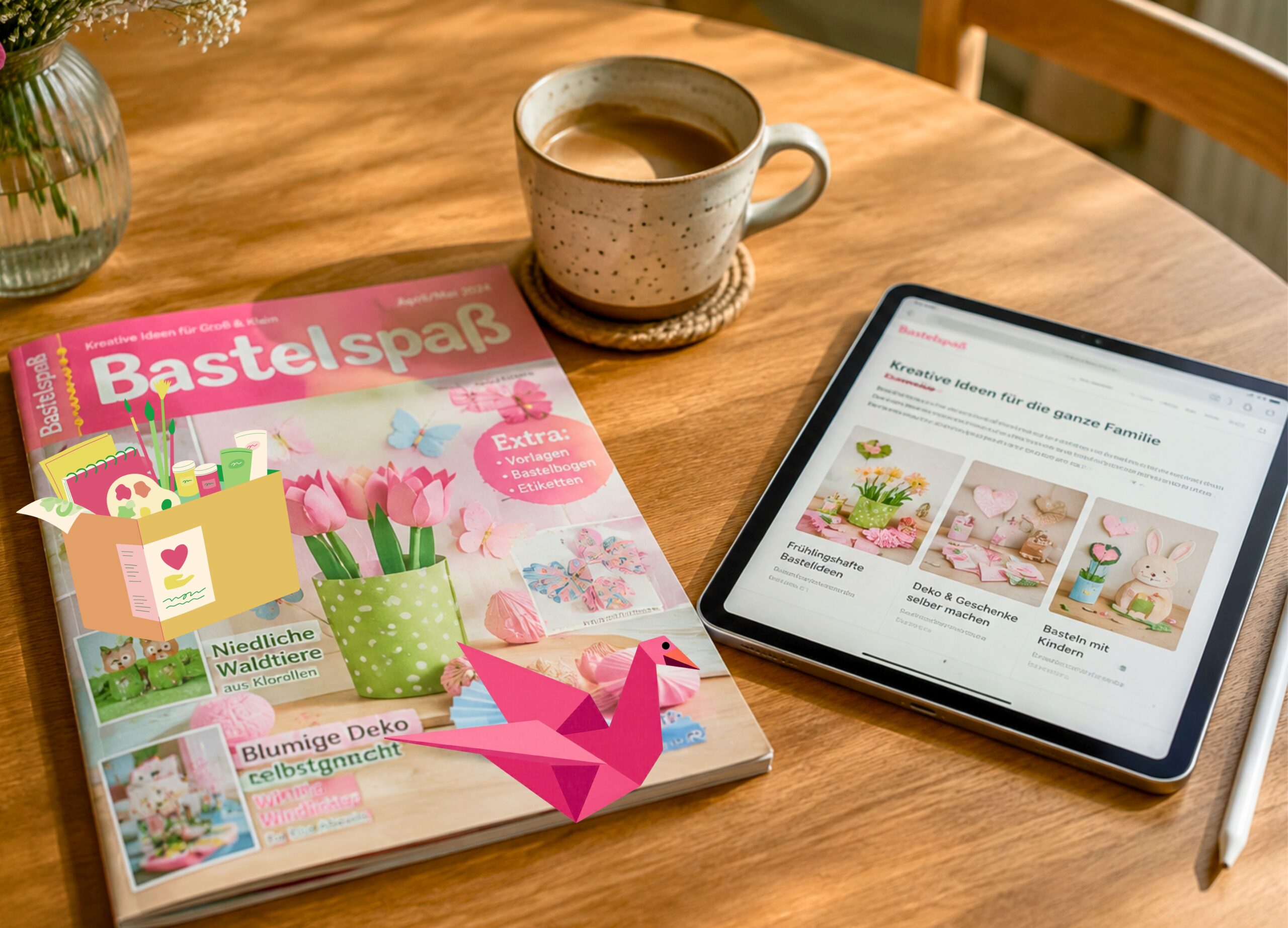 Aufgeschlagene Kinderzeitschriften, buntes Bastelmaterial und ein Tablet liegen auf einem Holztisch