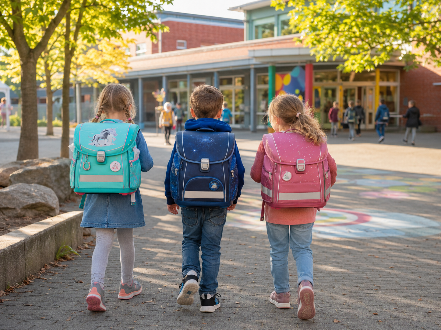 schulranzen, tornister – Kinder auf dem Weg zur Grundschule, Pinterest-Format