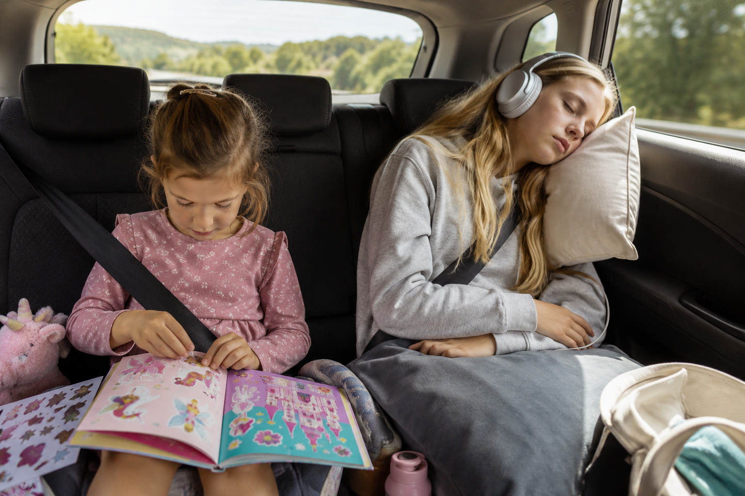Beschäftigung unterwegs — Kinderhände blättern in einem Reisebuch auf dem Rücksitz