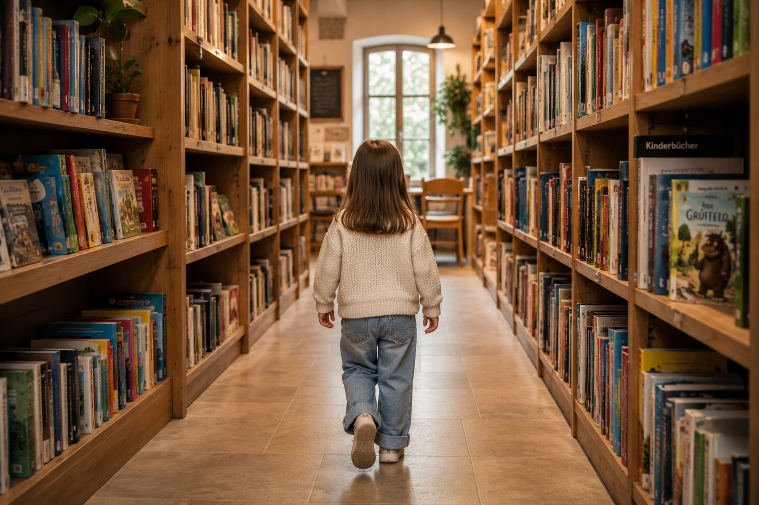 Ein Kind steht vor einem Bücherregal in einer Bibliothek und schaut sich Kinderbücher an