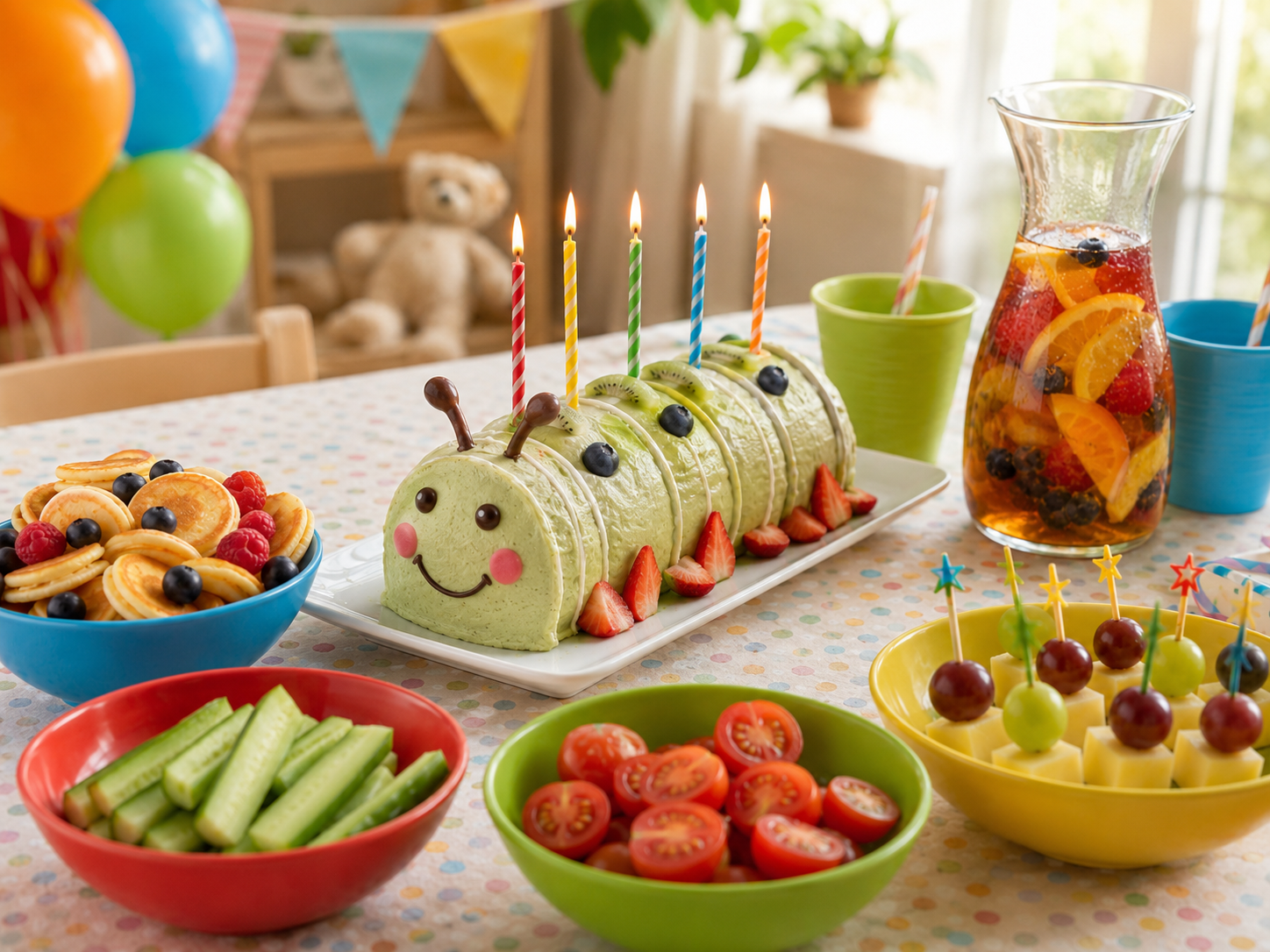 10 zuckerfreie snacks und 3 Getränke kindergeburtstag — warmer Geburtstagstisch mit Obst, Wasser und kleinen Snackschalen