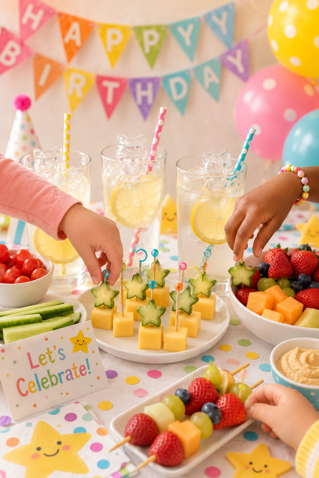 10 zuckerfreie Snacks und Getränke Kindergeburtstag — Kinderhände greifen nach bunten Obstspießen