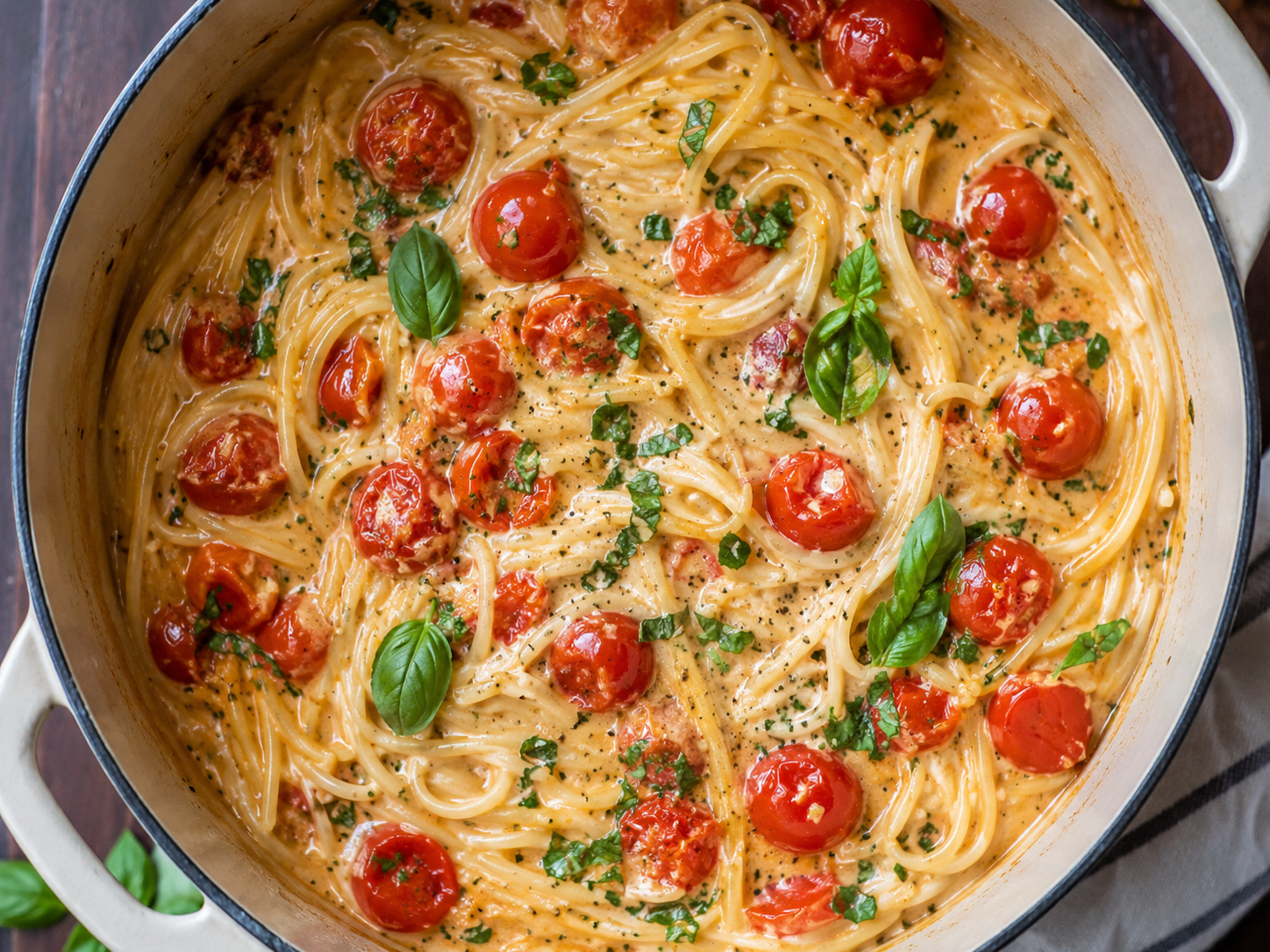 one pot gerichte, feierabend essen — cremiges Nudelgericht mit Gemüse in Nahaufnahme