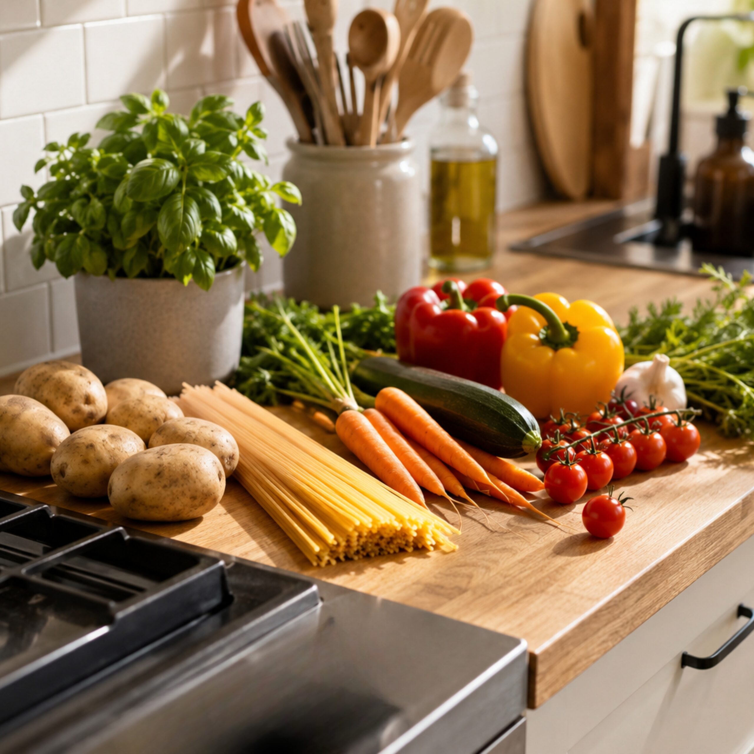 one pot gerichte, feierabend essen — einfache Zutaten wie Nudeln, Gemüse, Reis und Tomaten