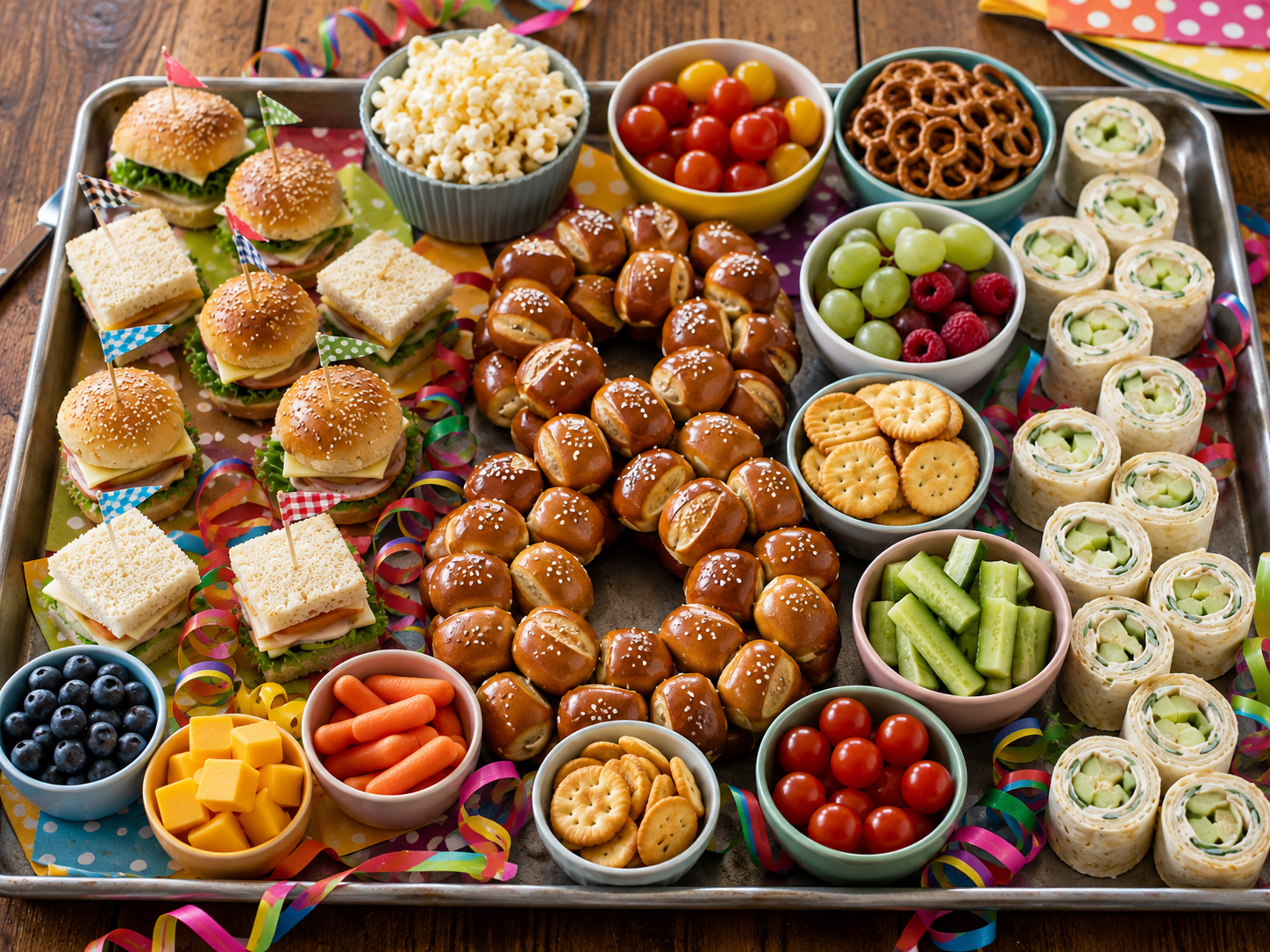 XXL Snackplatte für Geburtstag mit Mini Wrapröllchen, Laugengebäck und jeder Menge Snackschalen