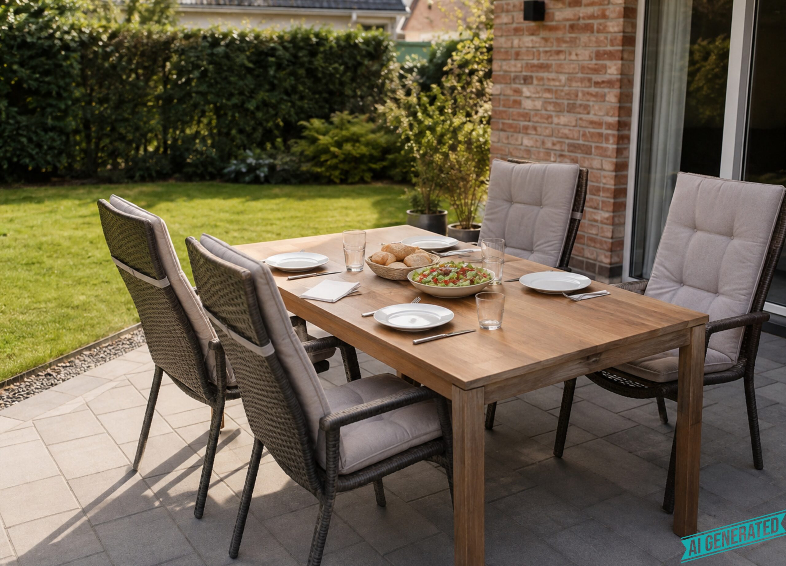 Abendessen für heiße Tage — gedeckter Tisch auf der Terrasse im Sommerlicht