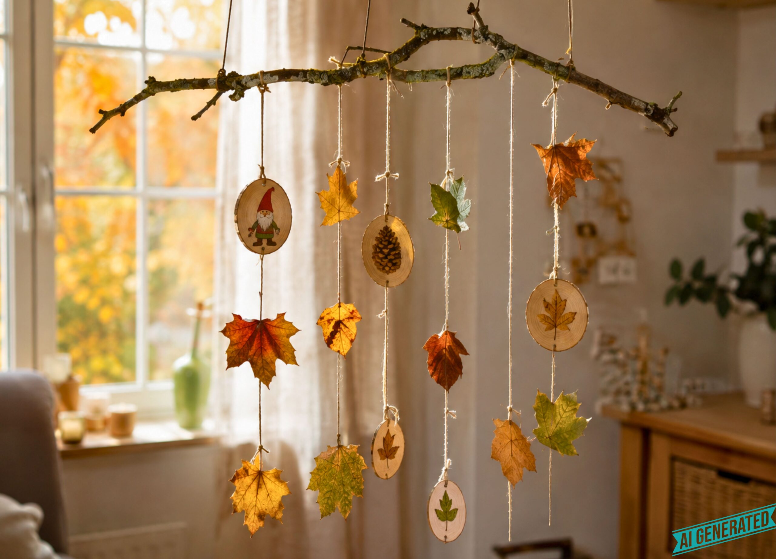 Herbstmobile aus Ast, Holzscheiben und bunten Herbstblättern zum Basteln mit Kindern