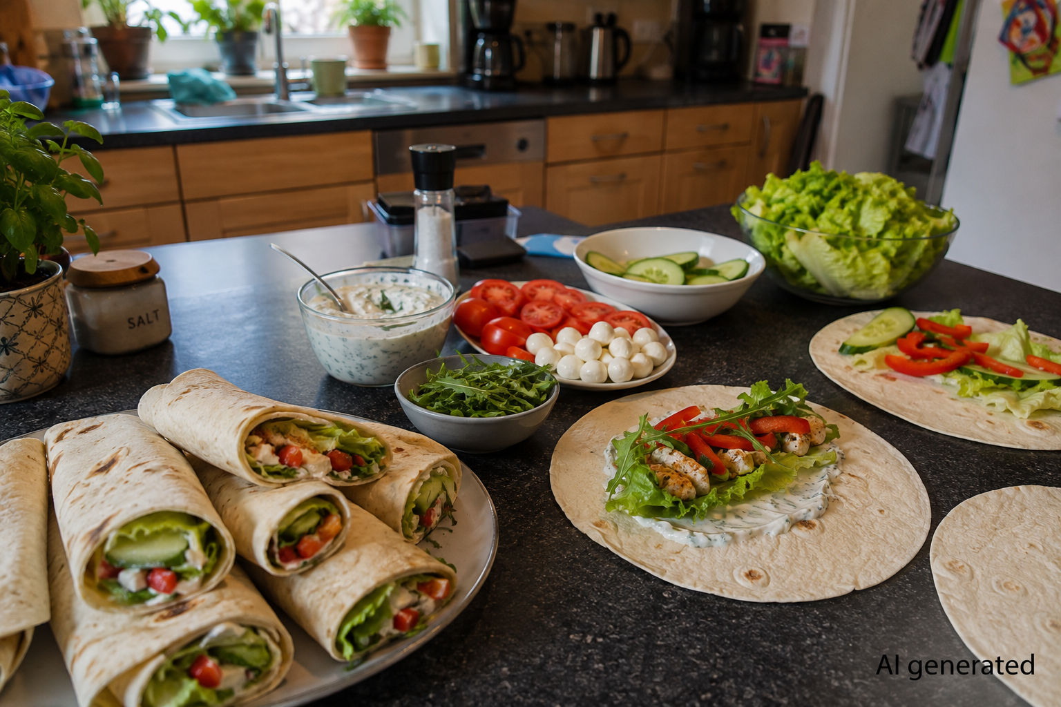 Abendessen für heiße Tage — Wraps mit Gurke, Tomate und Zaziki zum Merken auf Pinterest
