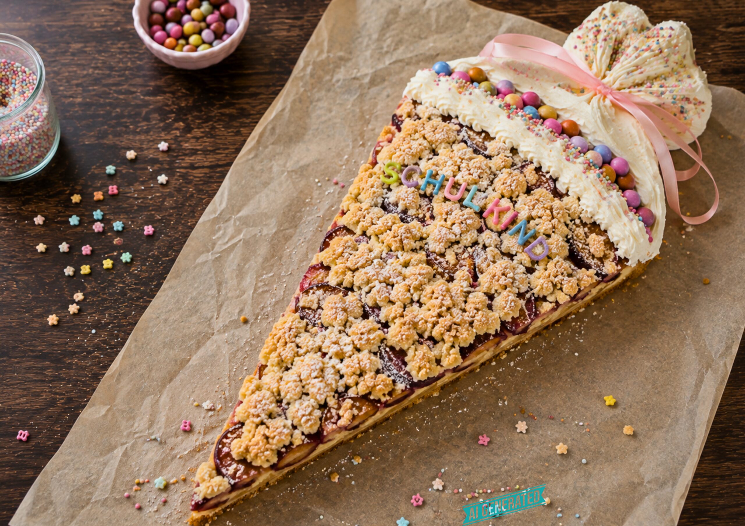 Kuchen zur Einschulung in Schultütenform mit frischem Obst und heller Creme